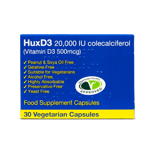 HuxD3 Colecalciferol 20000IU (500mcg) Vitamin D3 - 30 Capsules