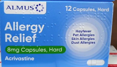 Almus Allergy Relief 8mg Acrivastine 12 capsules