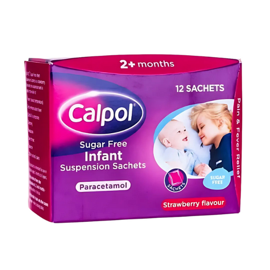 Calpol 120mg/5ml Sugar Free Infant Oral Suspension Strawberry Flavour Age 2+ Months 12 x 5ml Sachets