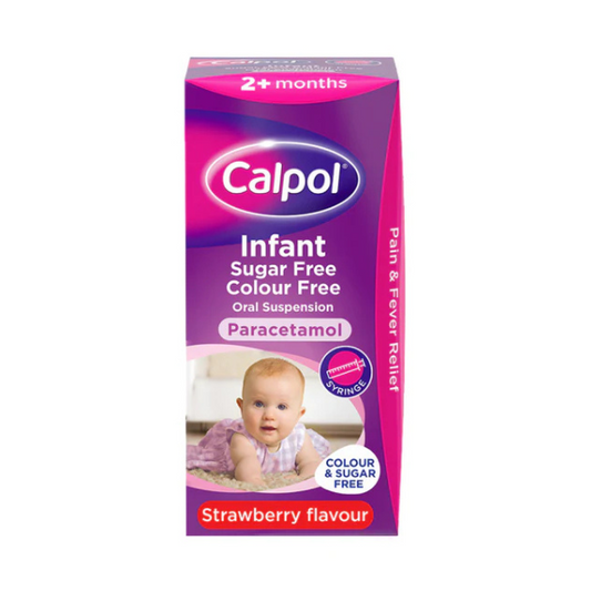 Calpol Infant Sugar Free Colour Free 120 mg/5 ml Oral Suspension Strawberry Flavour Ages 2+ Months - 100ml
