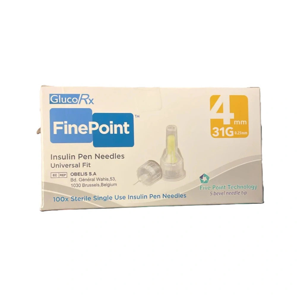 GlucoRx FinePoint Insulin Pen Needles 31G 4mm – Pack of 100