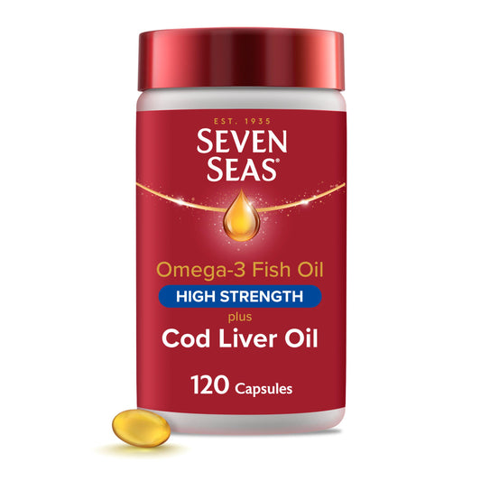 Seven Seas Omega-3 Fish Oil Plus Cod Liver Oil Max Strength Liquid With Vitamins D And E - 120 Capsules