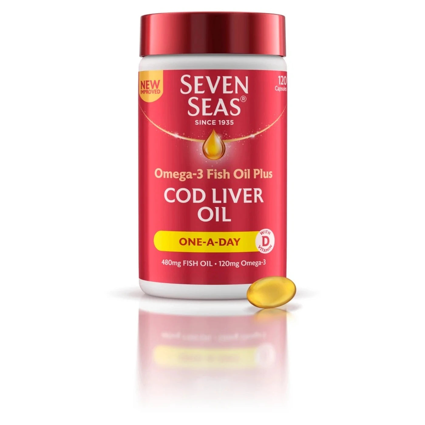 Seven Seas Cod Liver Oil One-A-Day Omega-3 Fish Oil & Vitamin D, 120 Capsules,