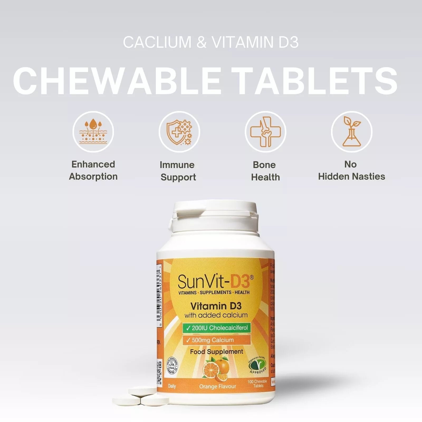 Vitamin D3 200IU & Calcium 500mg Chewable Daily Tablets Orange 100s
