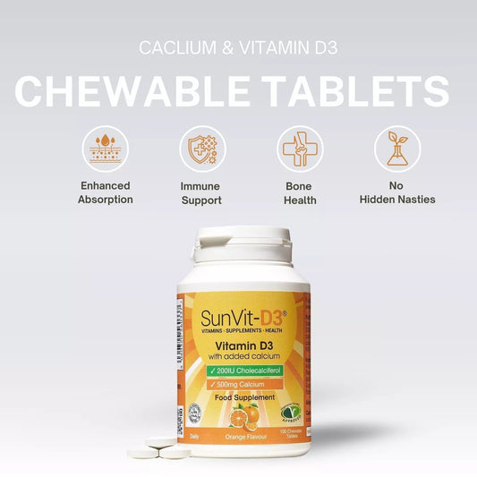 Vitamin D3 200IU & Calcium 500mg Chewable Daily Tablets Orange 100s
