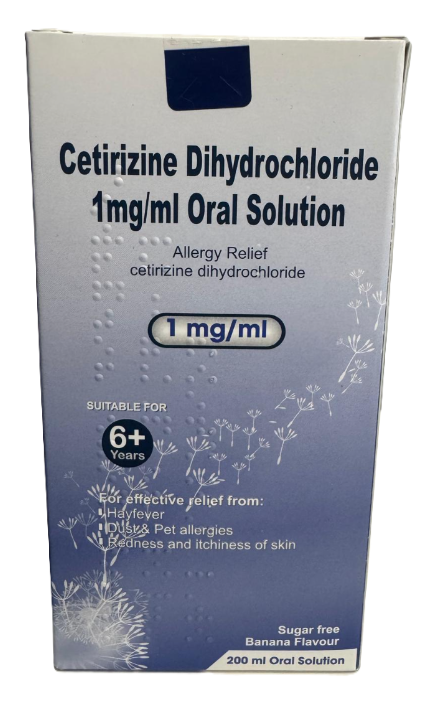 Cetirizine Dihydrochloride 1mg/ml Oral Solution – 200ml Banana Flavour | Sugar Free | 6+ Years