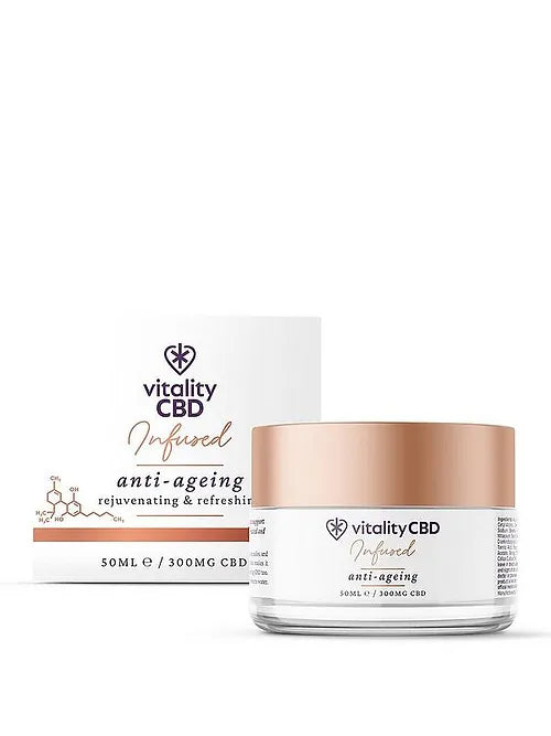 Vitality Infused Anti-ageing Cream, Olea europaea leaf extract, 300mg of cannabidiol, 50 ml