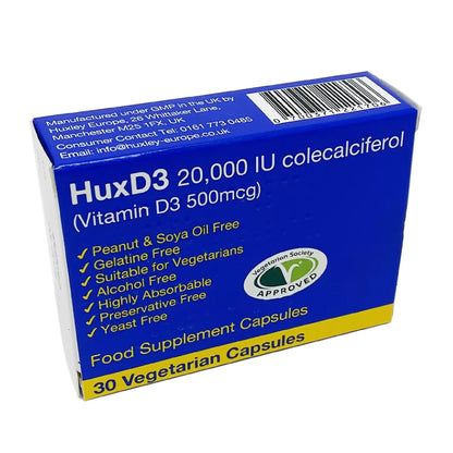 HuxD3 Colecalciferol 20000IU (500mcg) Vitamin D3 - 30 Capsules